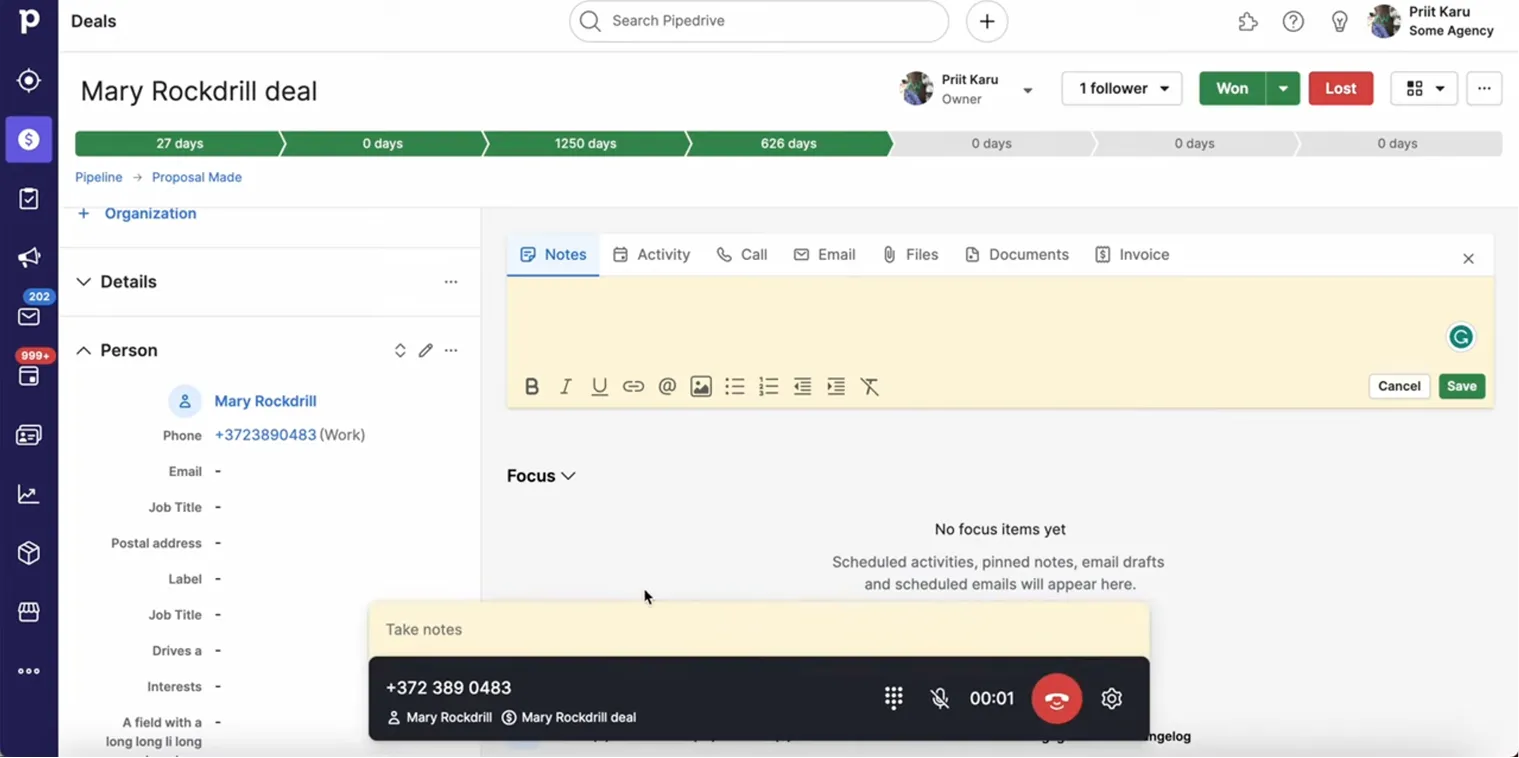Pipedrive deal view with the Caller Bar active at the bottom of the screen — showing contact name, deal, in-call timer, keypad, mute and end-call controls