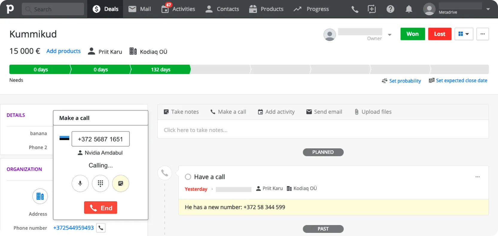 Concept 1: Popover triggered from a phone number in the Pipedrive deal view, showing Make a call dialog with phone number and End button