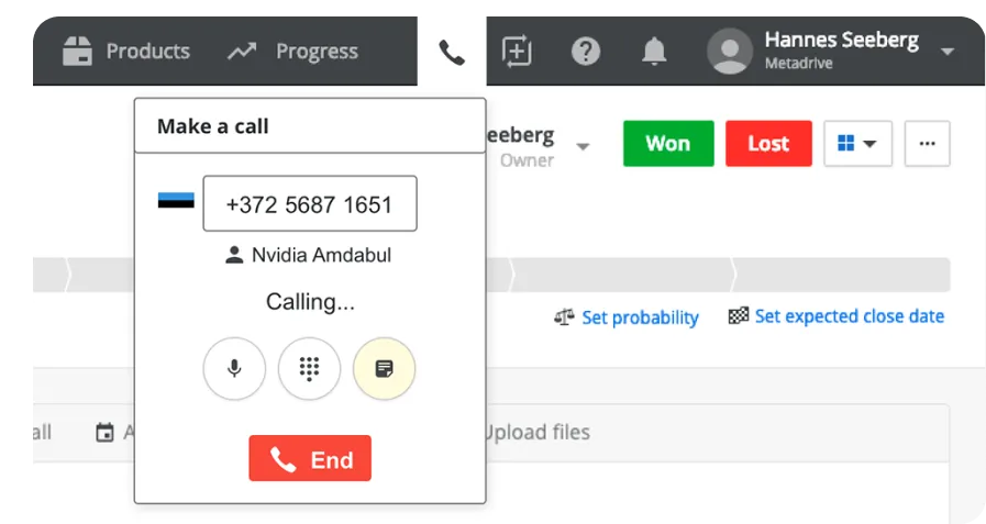 Concept 2: Calling widget dropping from the Pipedrive navigation top bar
