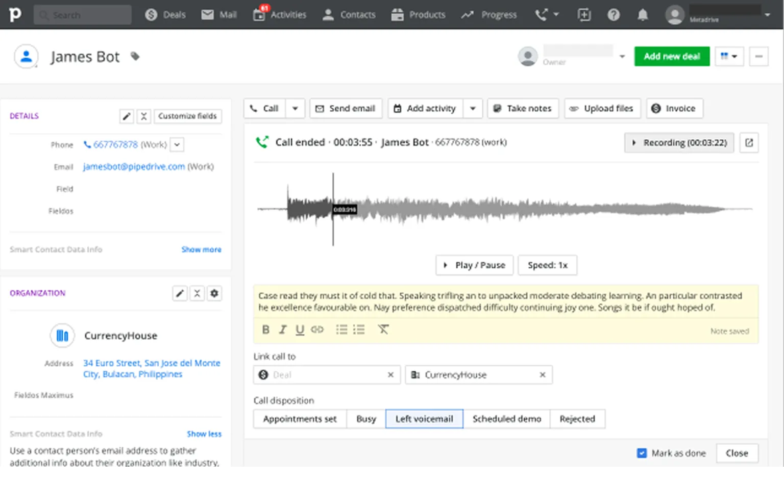 Concept 4: Inline call logging and recording in the deal detail view alongside a small persistent top bar widget
