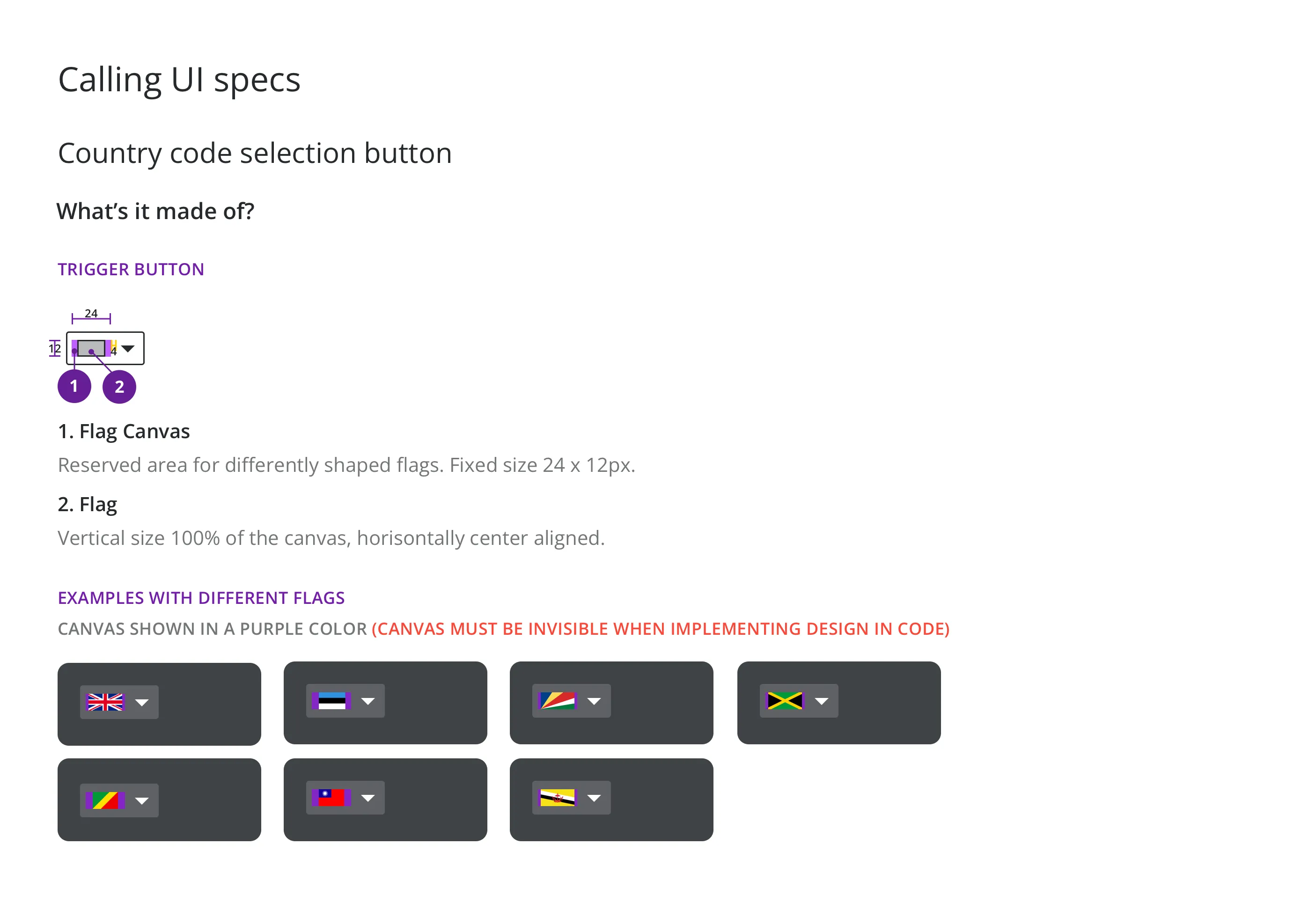 Country code selector component specification — trigger button anatomy, flag canvas rules and examples across multiple country flags
