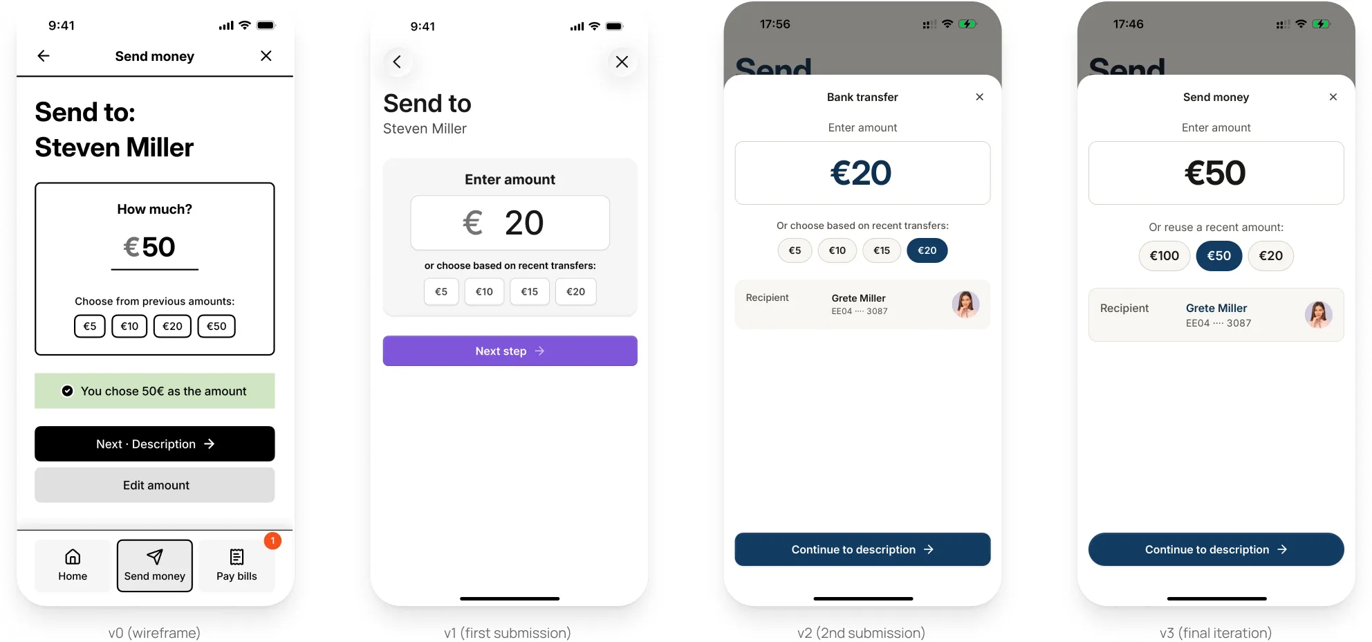 Transfer amount screen evolution across four versions