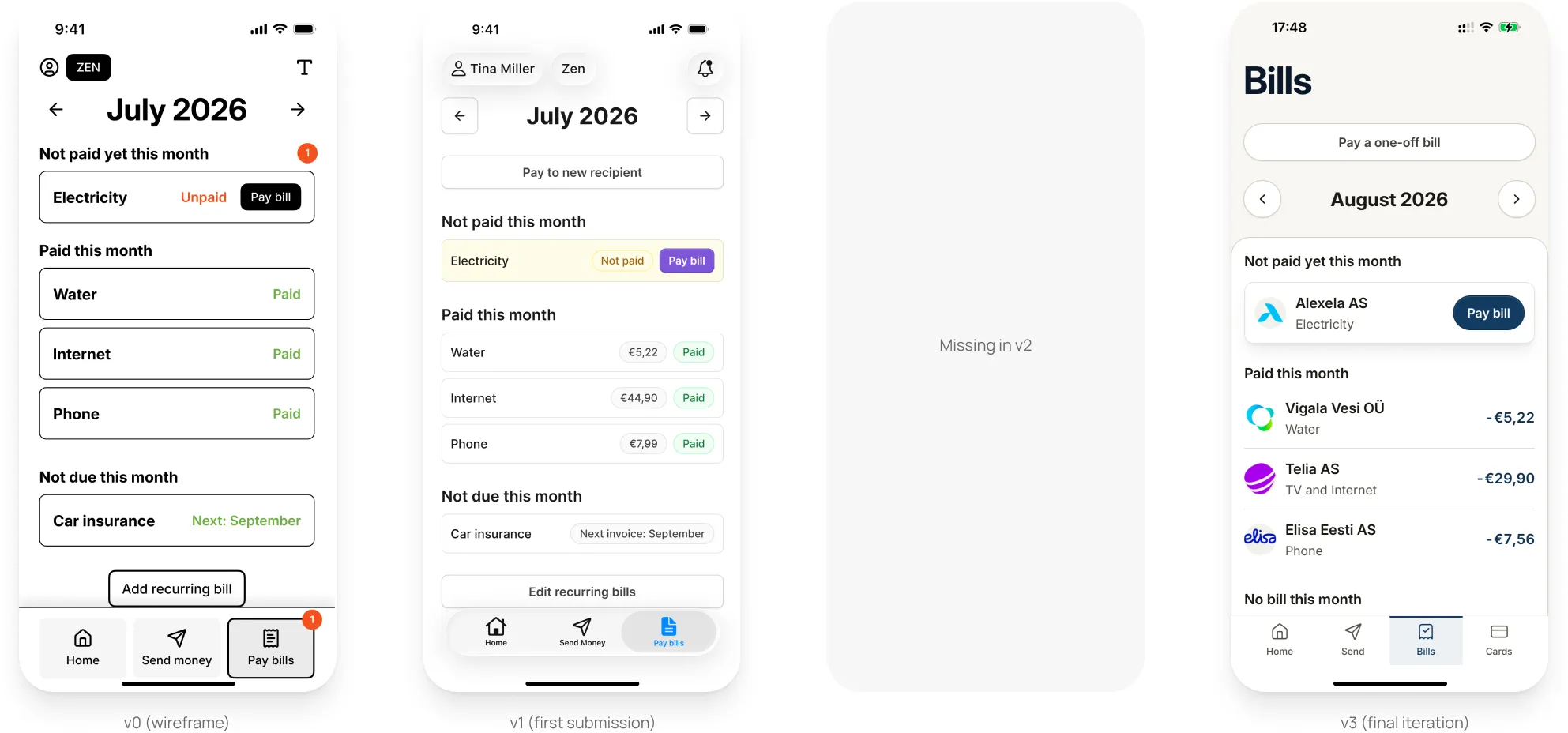 Pay bills screen evolution across four versions