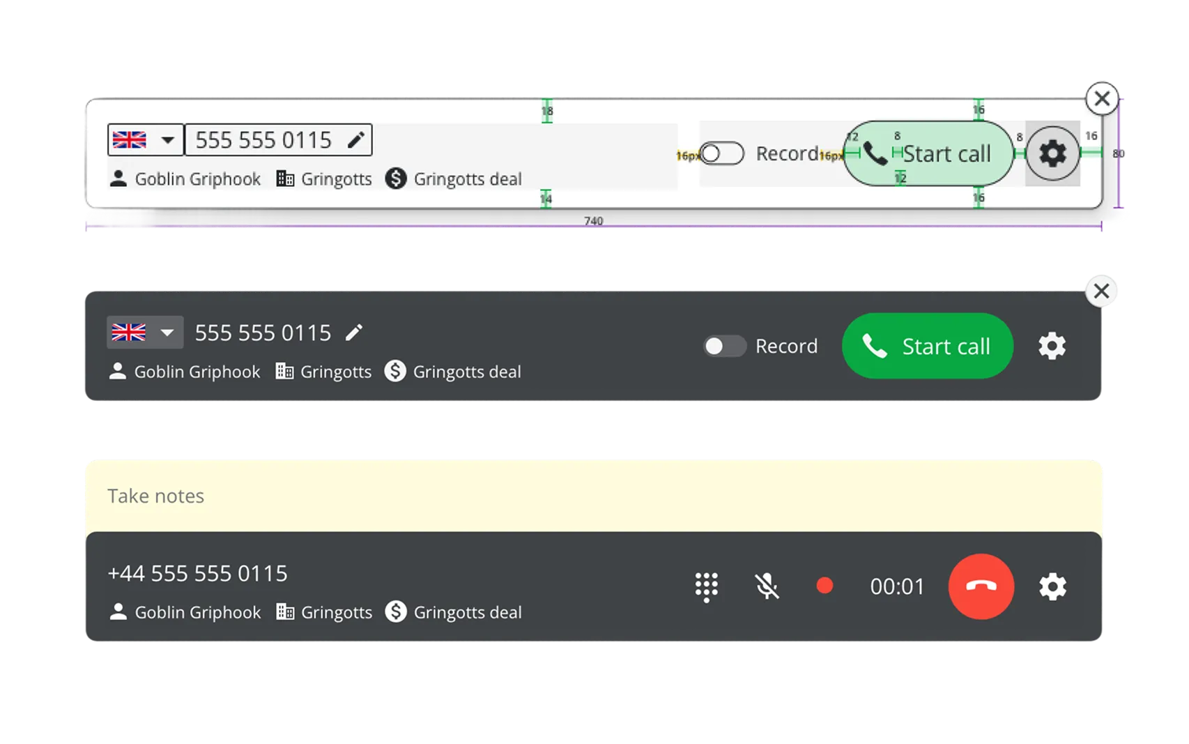 Caller Bar pre-call and in-call states — dark bar with phone number input, Record toggle and Start call button; active call state with mute, keypad, recording indicator and live timer