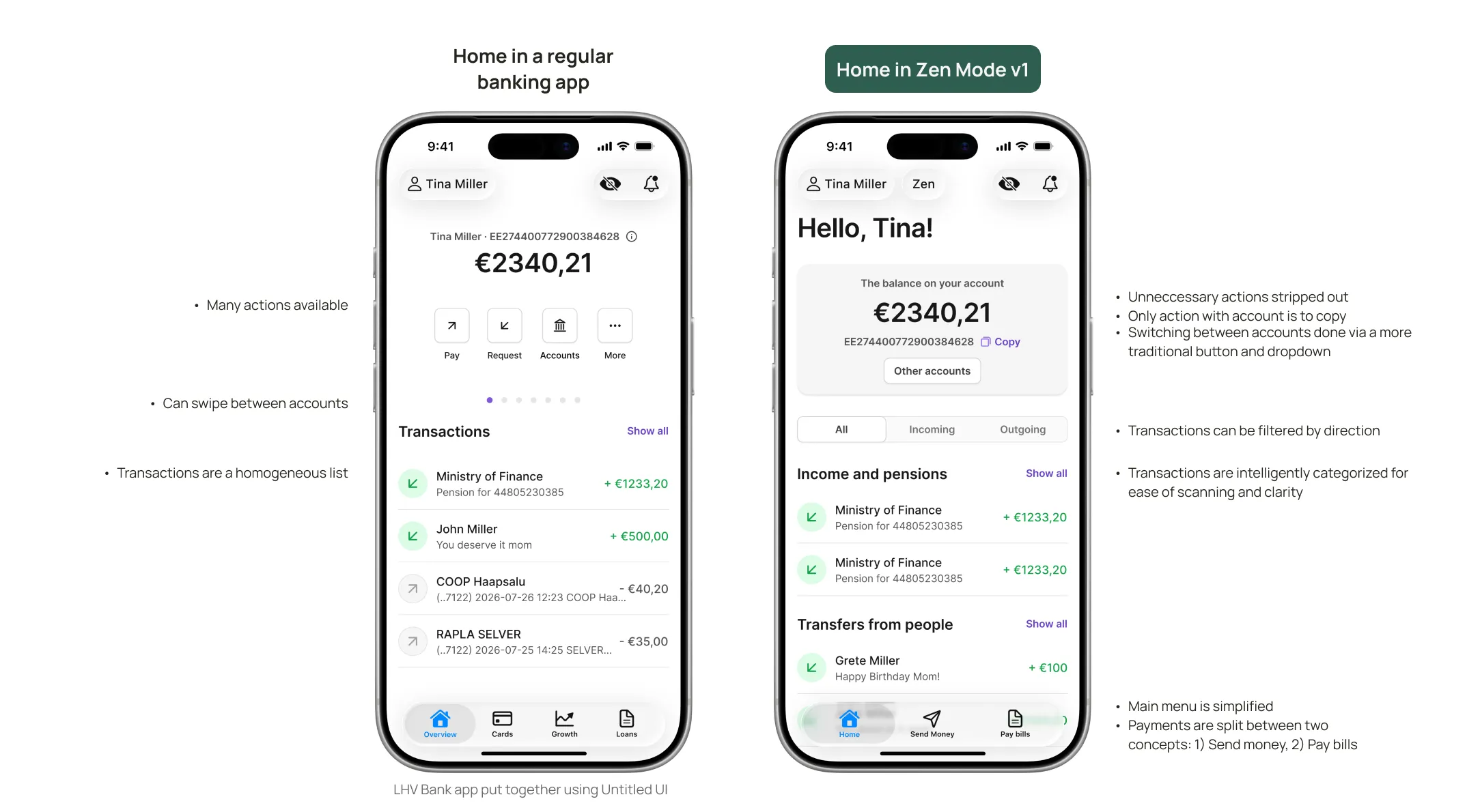 Regular banking home vs Zen Mode v1 home