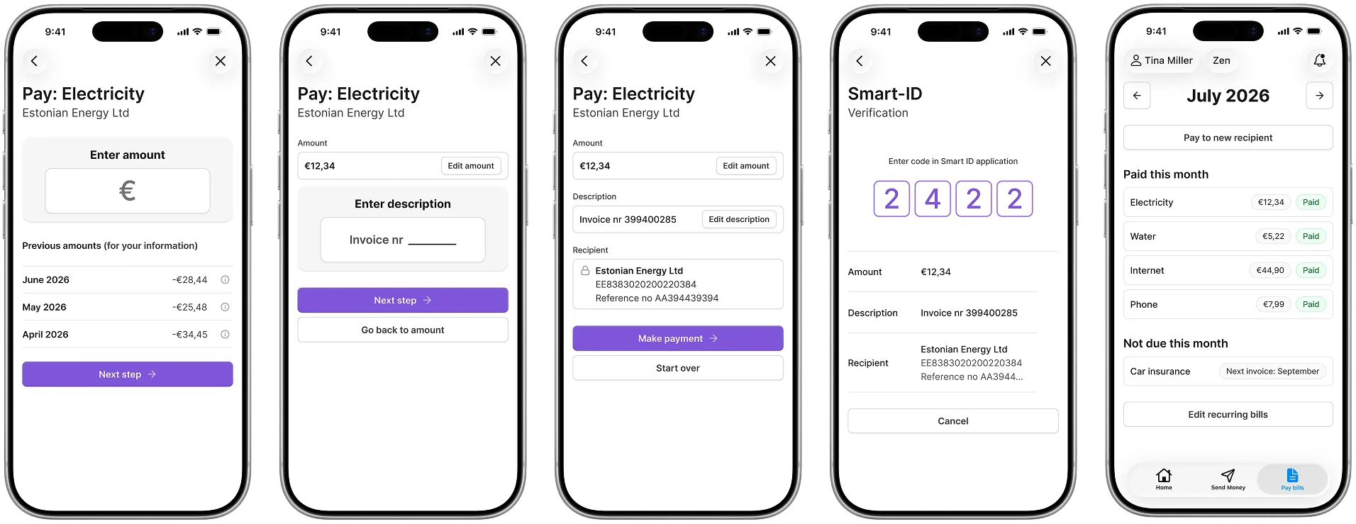 The full pay-bills payment flow, amount to Smart-ID confirmation