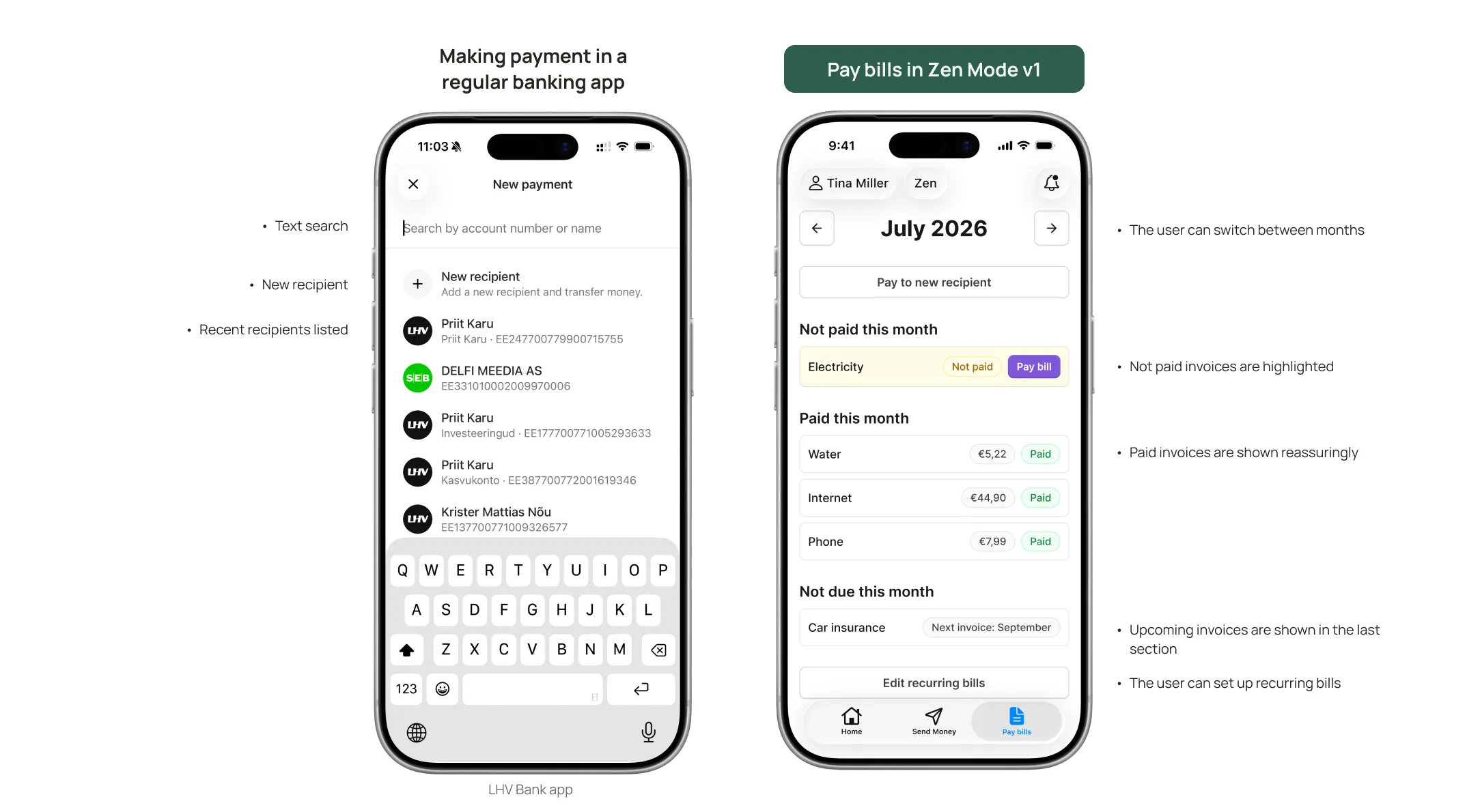 Pay bills screen grouped by paid / not paid / not due