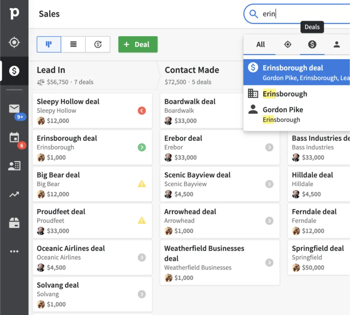 Pipedrive's Deals pipeline view before the visual refresh — dark sidebar, dense list rows, legacy icon style
