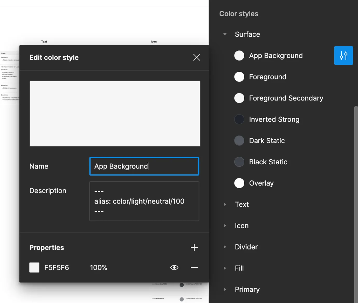 Figma color styles panel showing the semantic token hierarchy — Surface, Text, Icon, Divider, Fill and Primary groups — with an edit dialog linking App Background to the Light/Neutral/100 alias