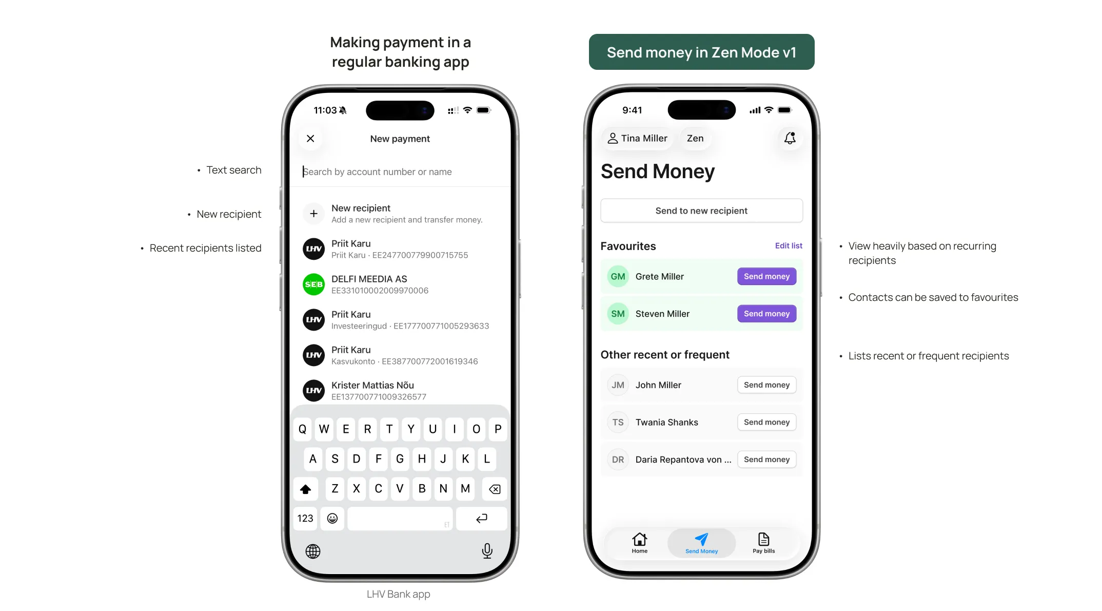 Send money screen with favourites and recent recipients