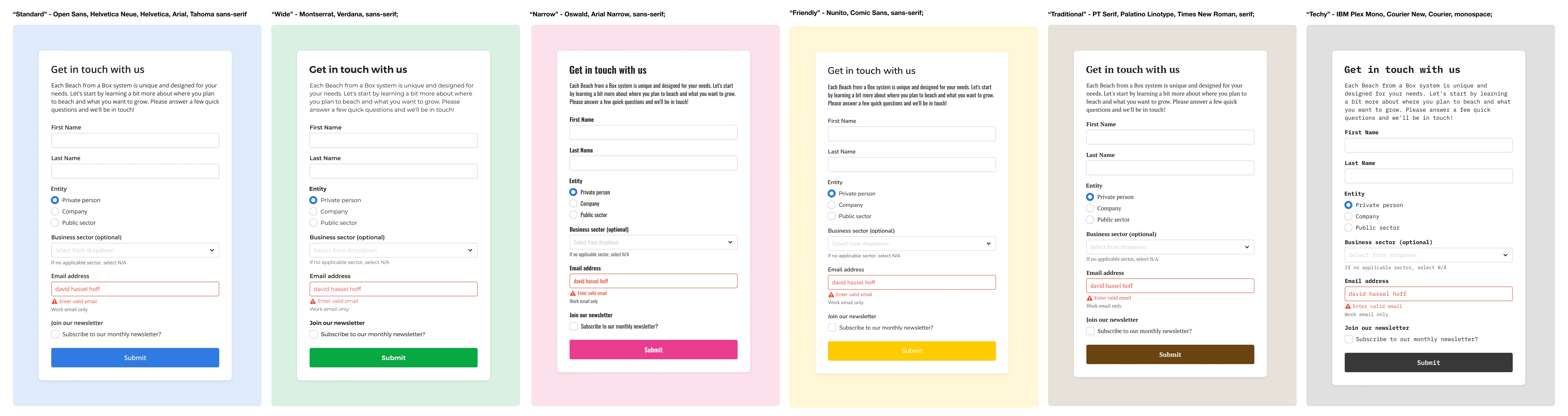 Web forms showing off the various text styles, as well as different colors