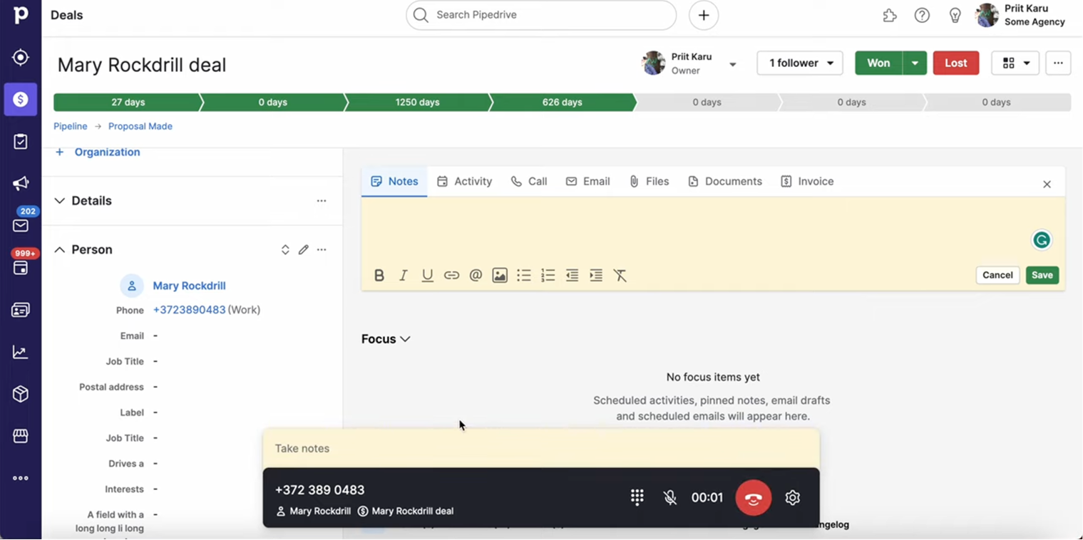 Pipedrive deal view with the Caller Bar active at the bottom of the screen — showing contact name, deal, in-call timer, keypad, mute and end-call controls