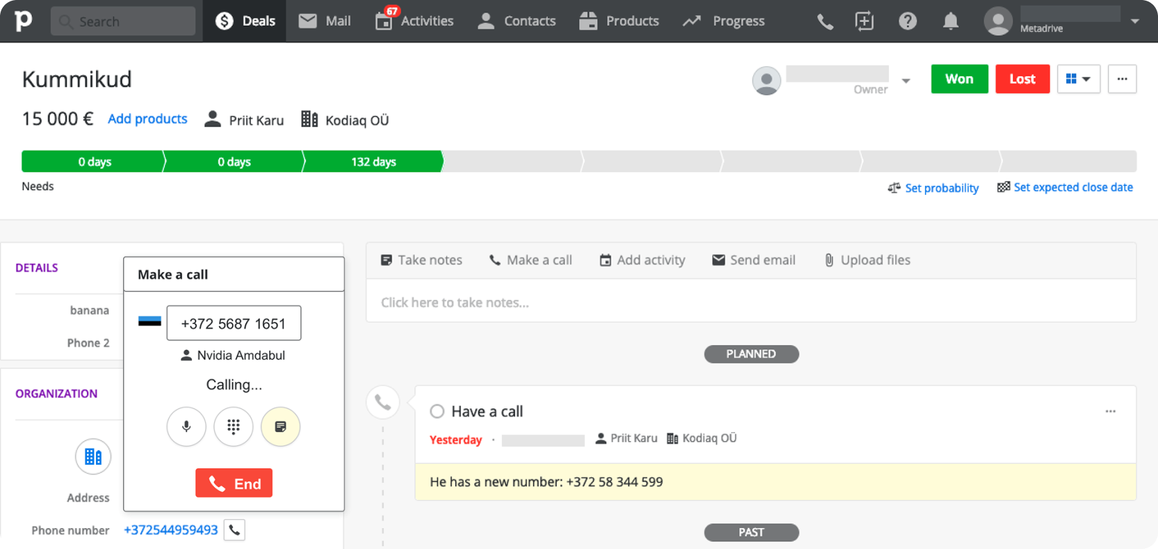 Concept 1: Popover triggered from a phone number in the Pipedrive deal view, showing Make a call dialog with phone number and End button