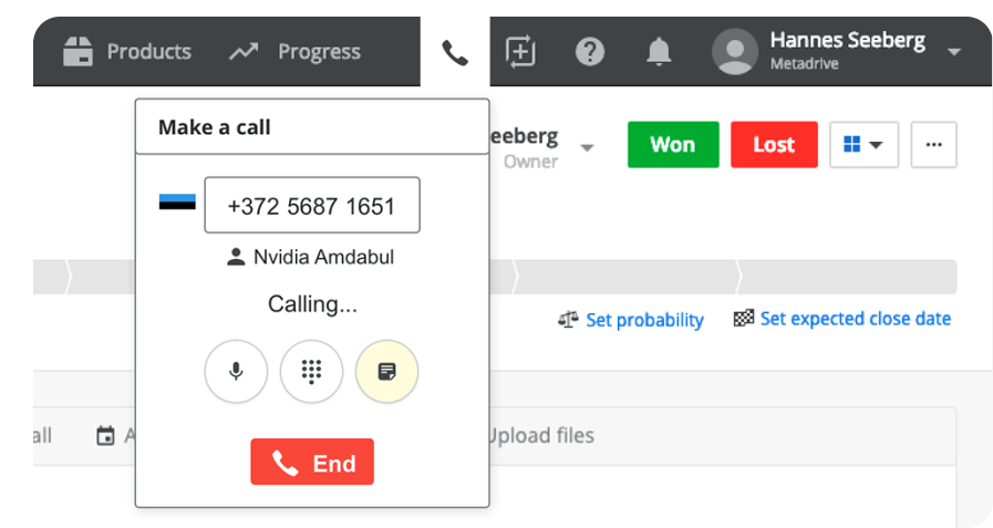 Concept 2: Calling widget dropping from the Pipedrive navigation top bar