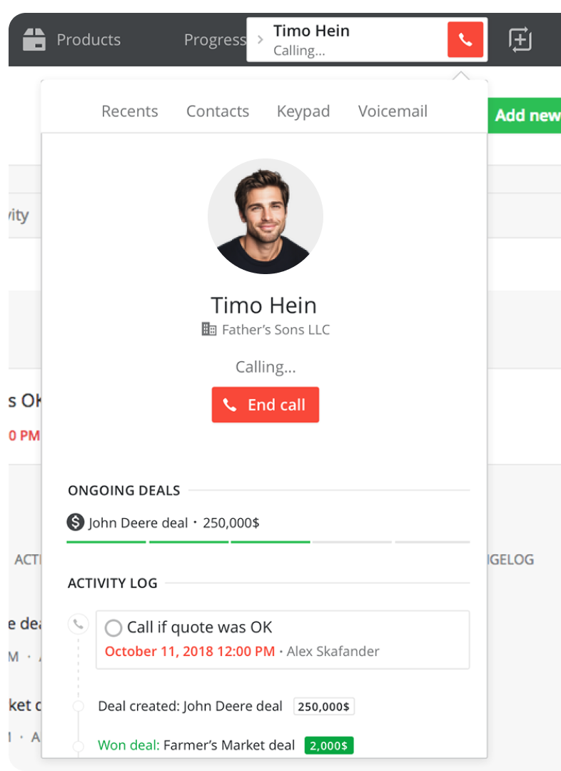 Concept 3: Larger top widget showing caller identity, ongoing deals and activity log alongside the call controls