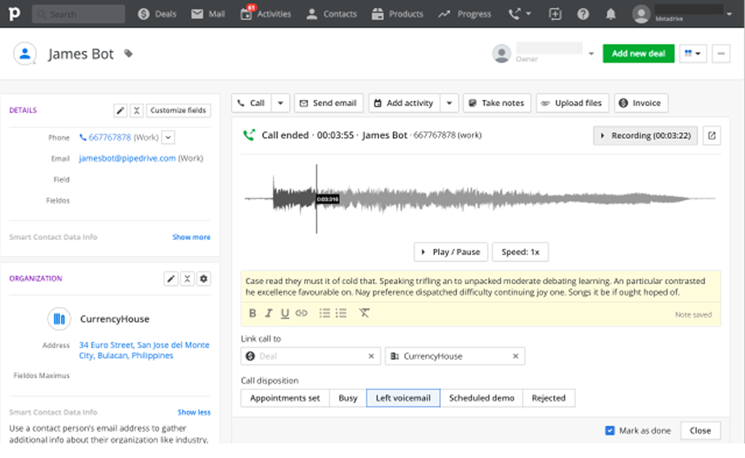 Concept 4: Inline call logging and recording in the deal detail view alongside a small persistent top bar widget