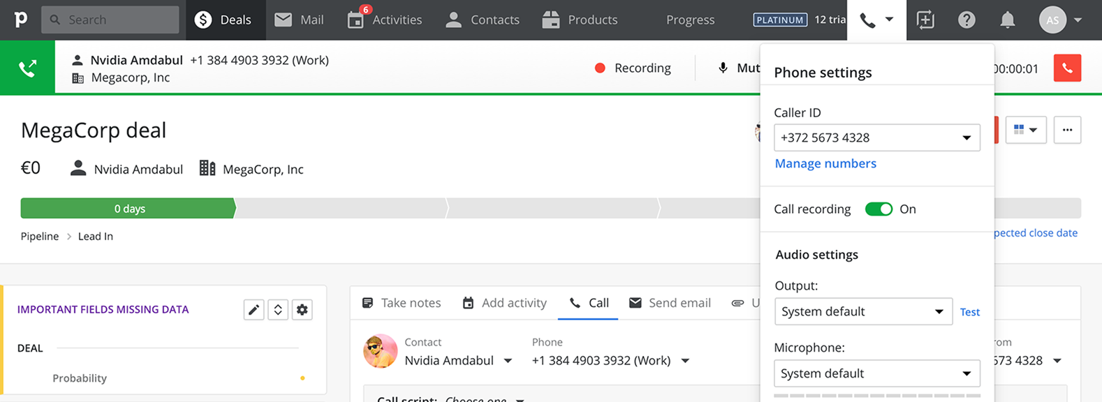 Concept 5: Full-width calling bar spanning the entire top of Pipedrive with phone settings panel open