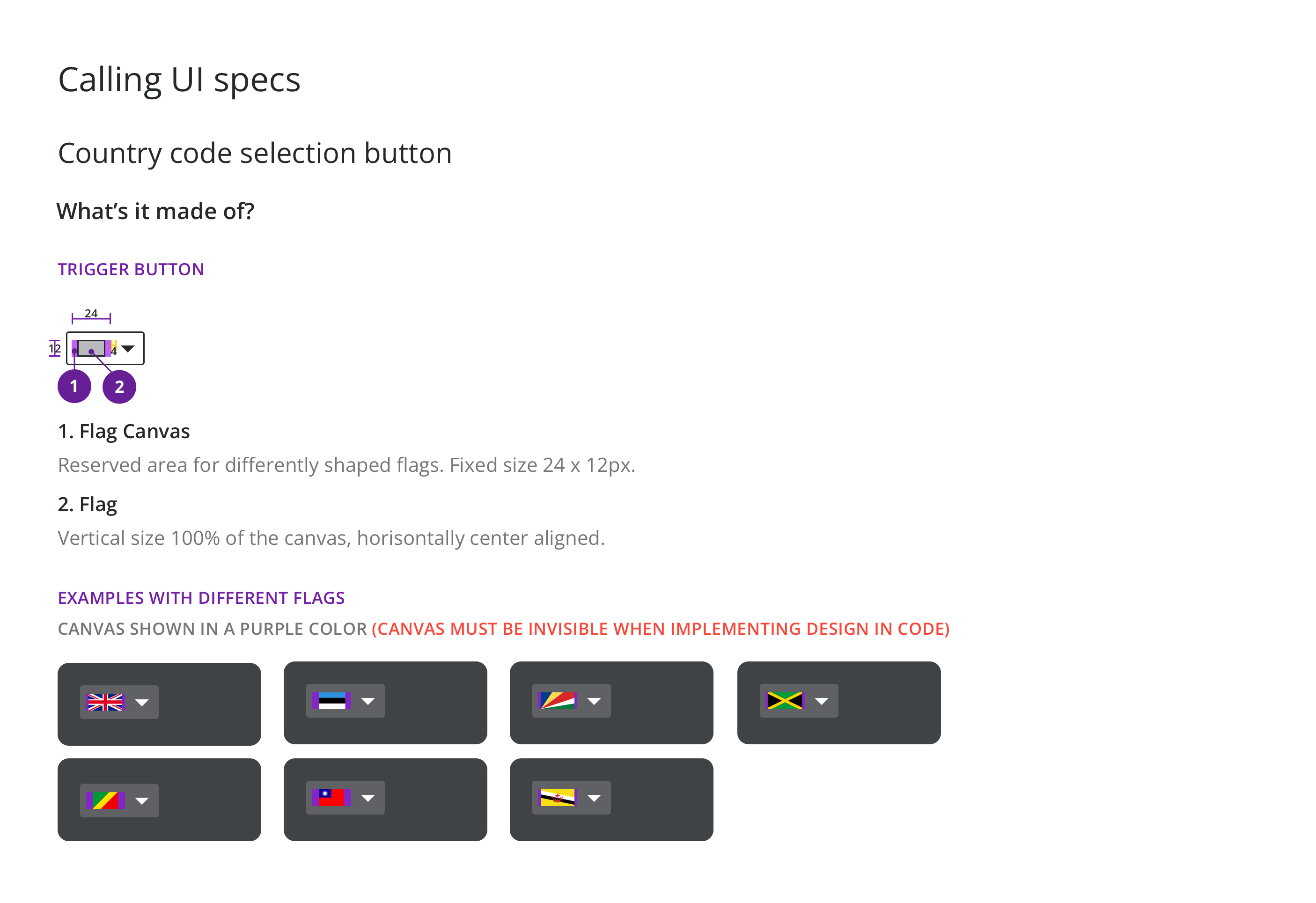 Country code selector component specification — trigger button anatomy, flag canvas rules and examples across multiple country flags