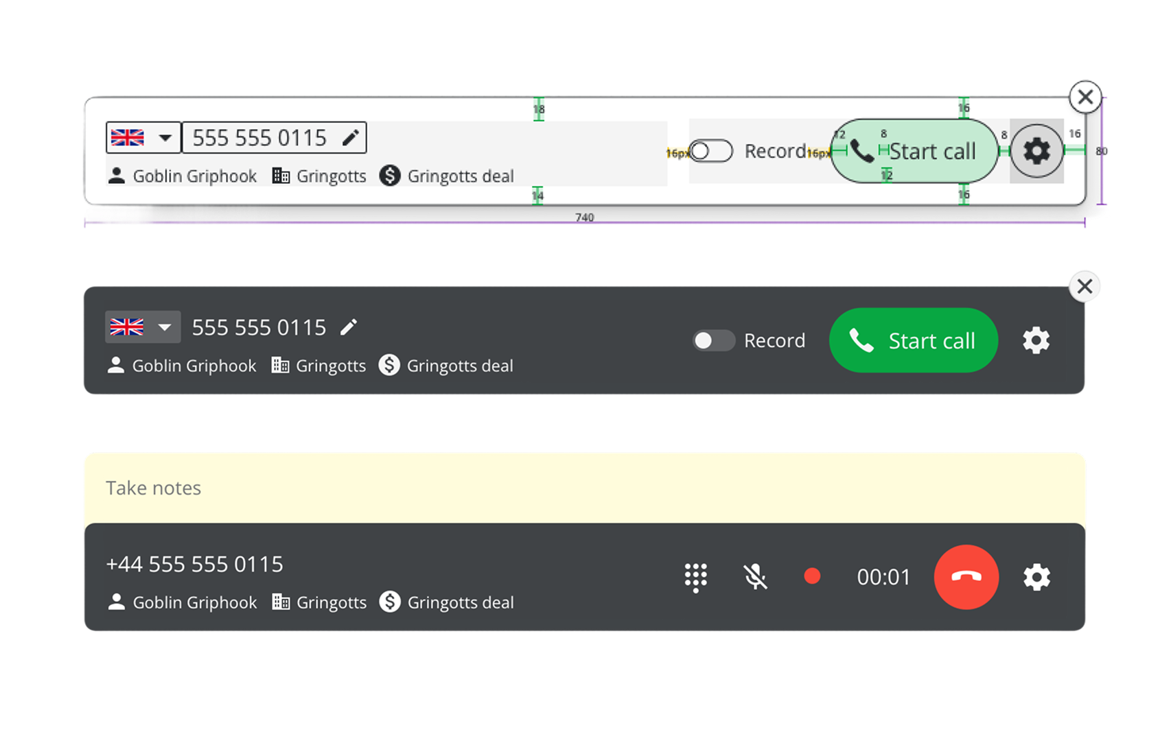 Caller Bar pre-call and in-call states — dark bar with phone number input, Record toggle and Start call button; active call state with mute, keypad, recording indicator and live timer