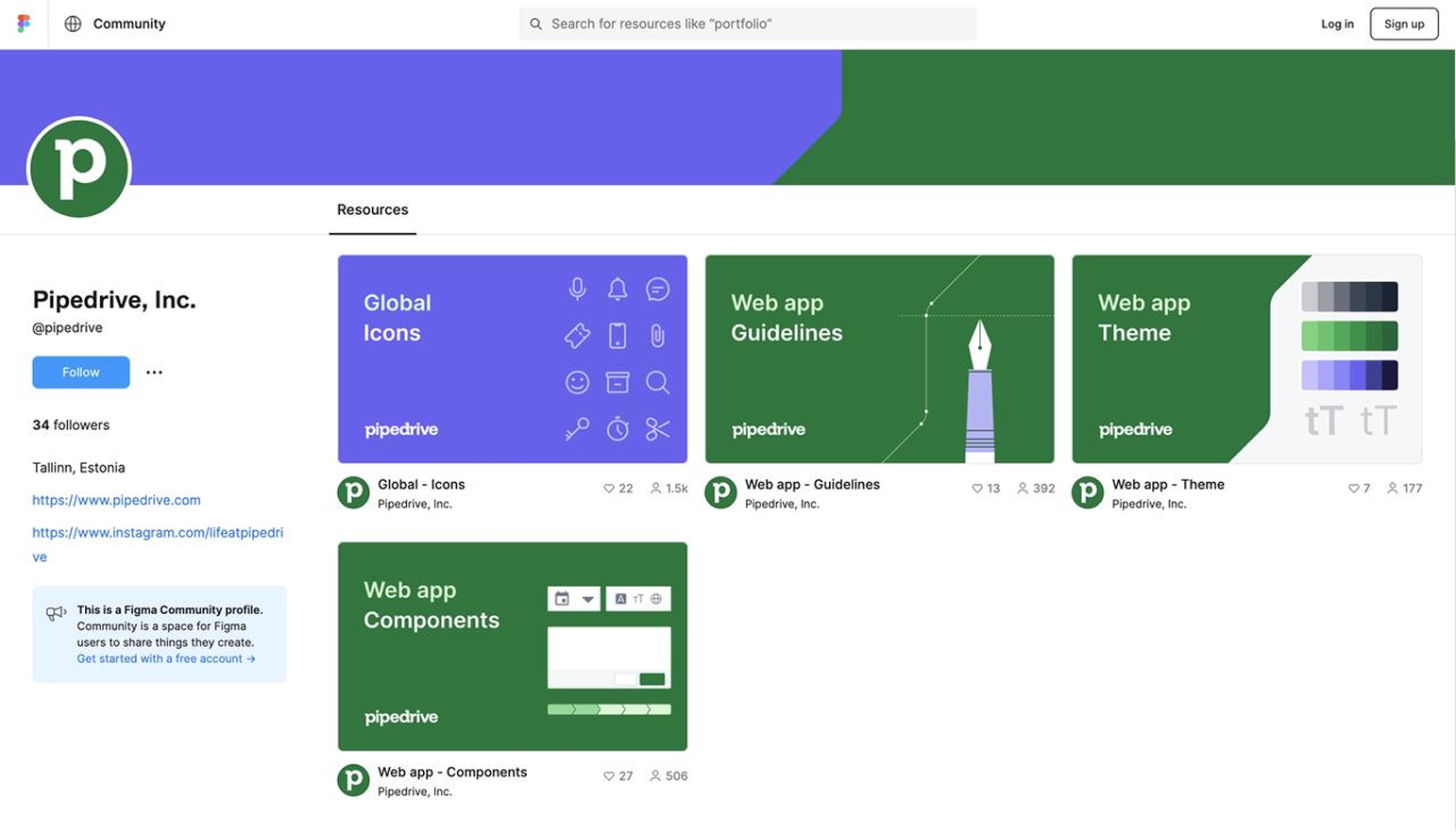 Pipedrive's Figma Community profile showing four published design system files: Global Icons, Web app Guidelines, Web app Theme, and Web app Components
