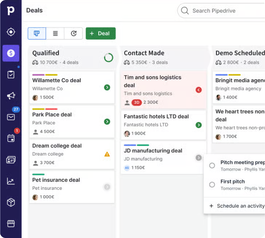 Pipedrive's Deals pipeline view after the visual refresh — lighter sidebar, card-based kanban columns, updated typography and color