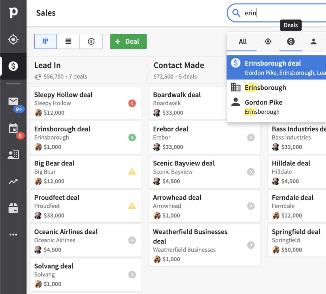 Pipedrive's Deals pipeline view before the visual refresh — dark sidebar, dense list rows, legacy icon style