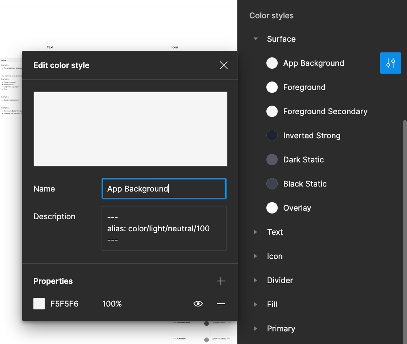 Figma color styles panel showing the semantic token hierarchy — Surface, Text, Icon, Divider, Fill and Primary groups — with an edit dialog linking App Background to the Light/Neutral/100 alias