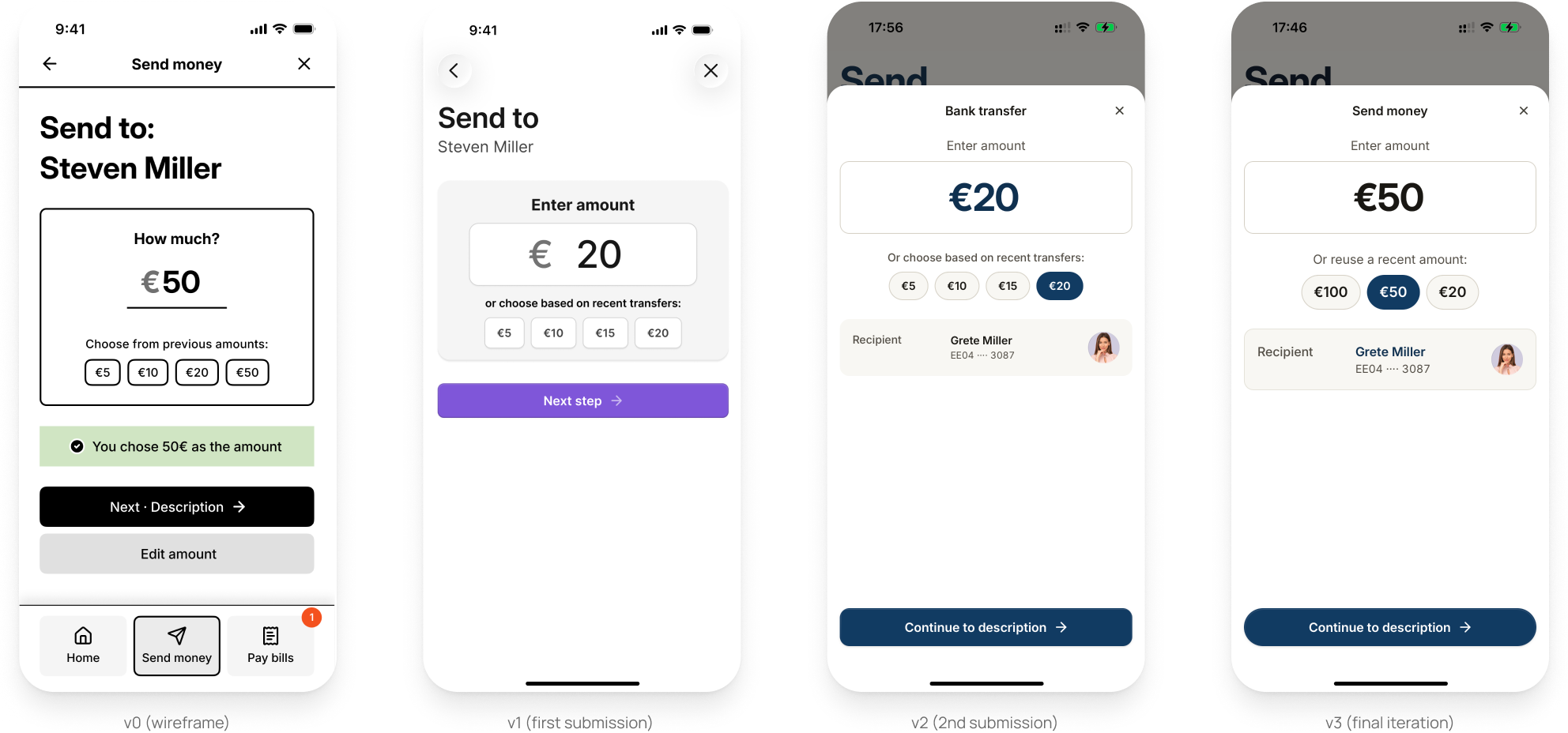 Transfer amount screen evolution across four versions