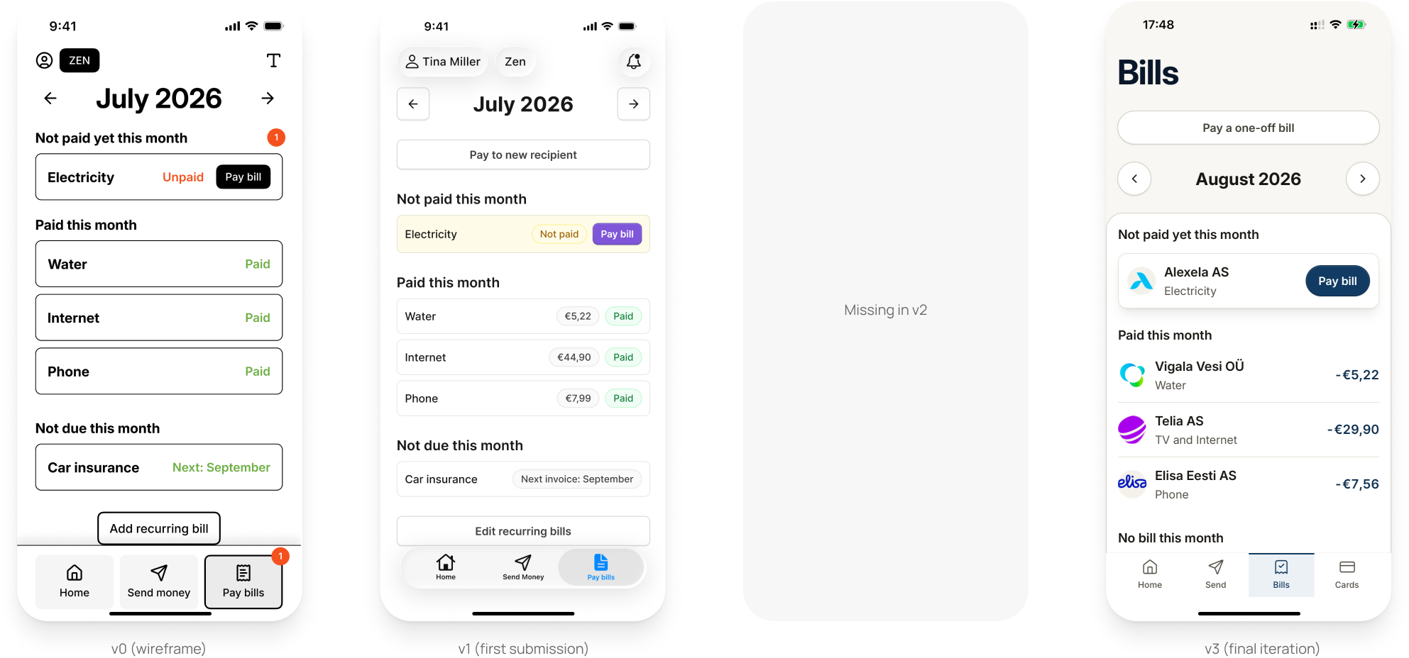 Pay bills screen evolution across four versions