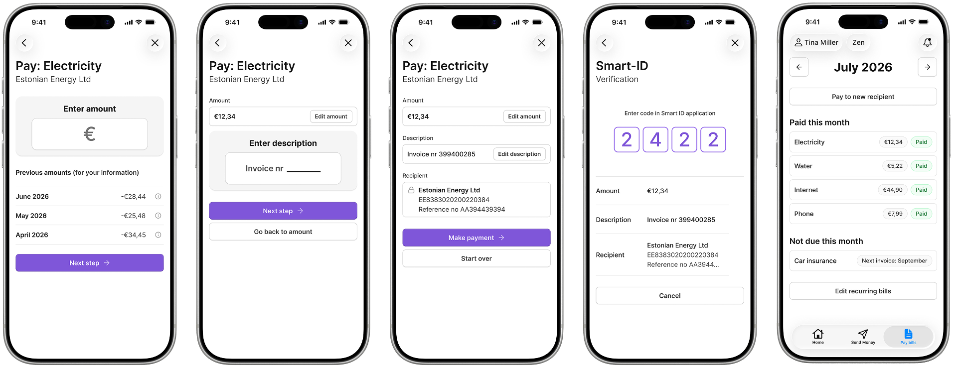 The full pay-bills payment flow, amount to Smart-ID confirmation