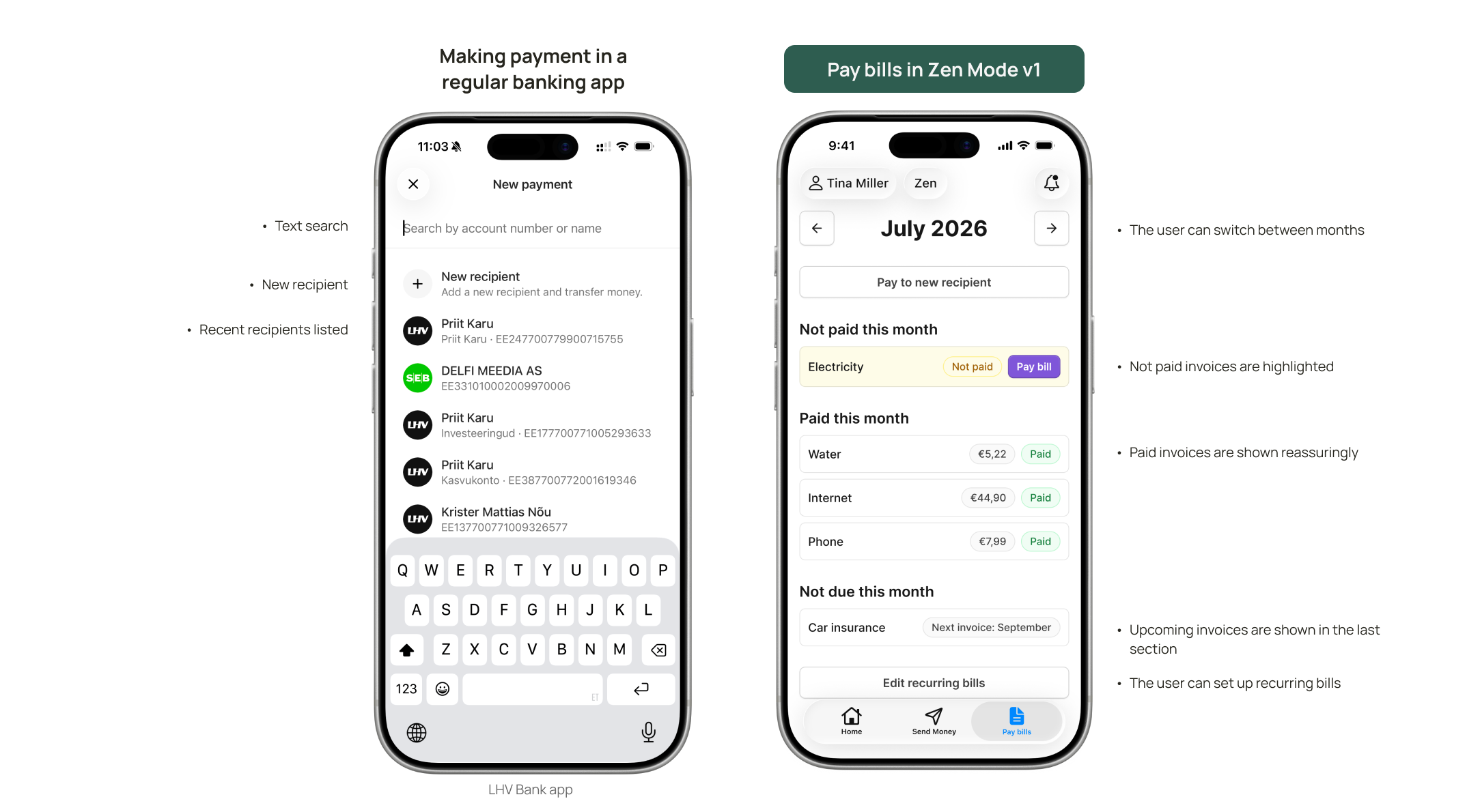 Pay bills screen grouped by paid / not paid / not due