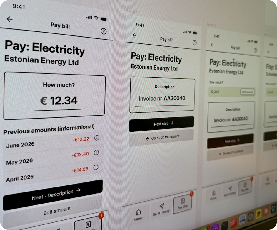 Early lo-fi and hi-fi payment flow screens