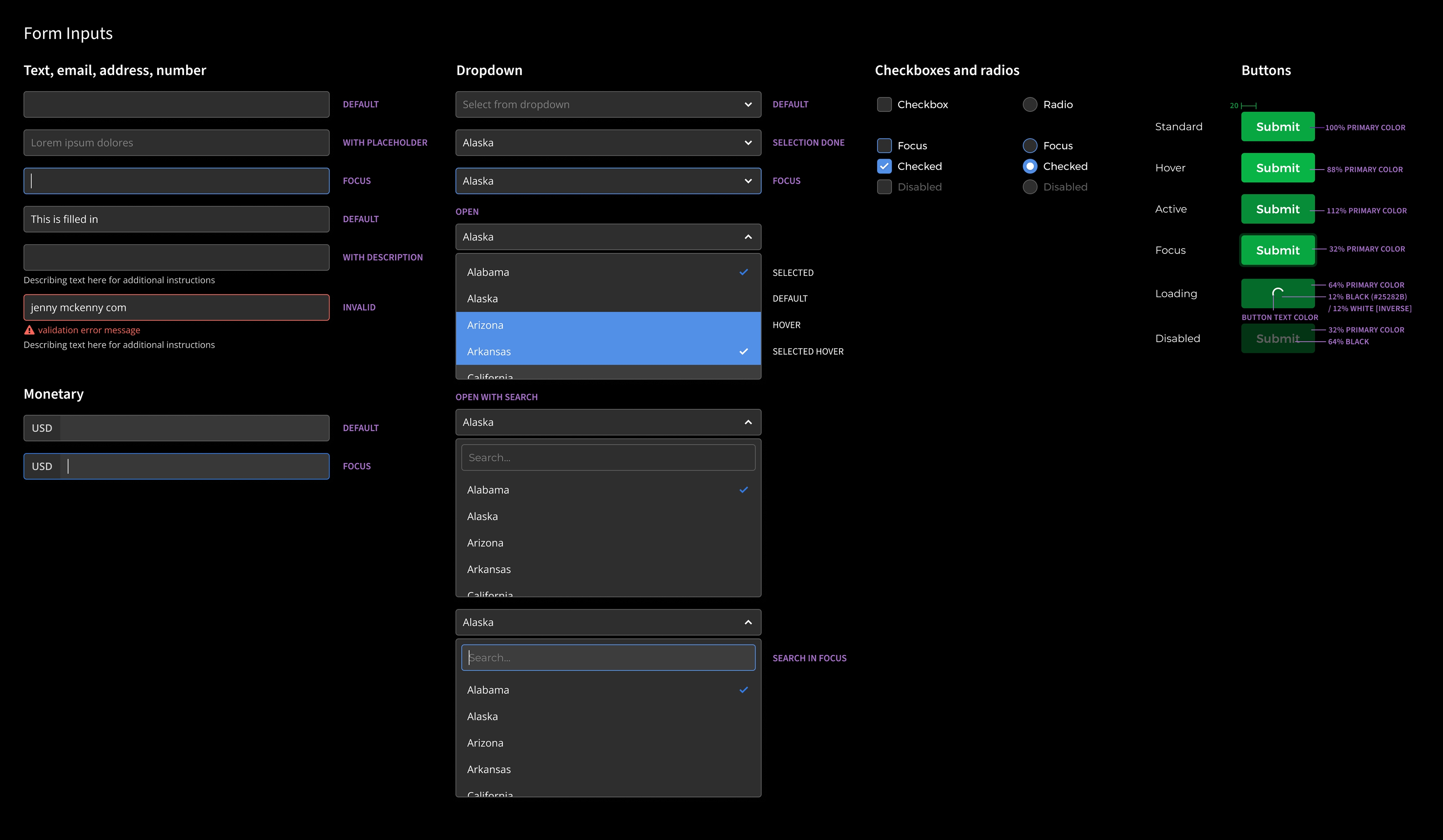 Form input components — dark mode