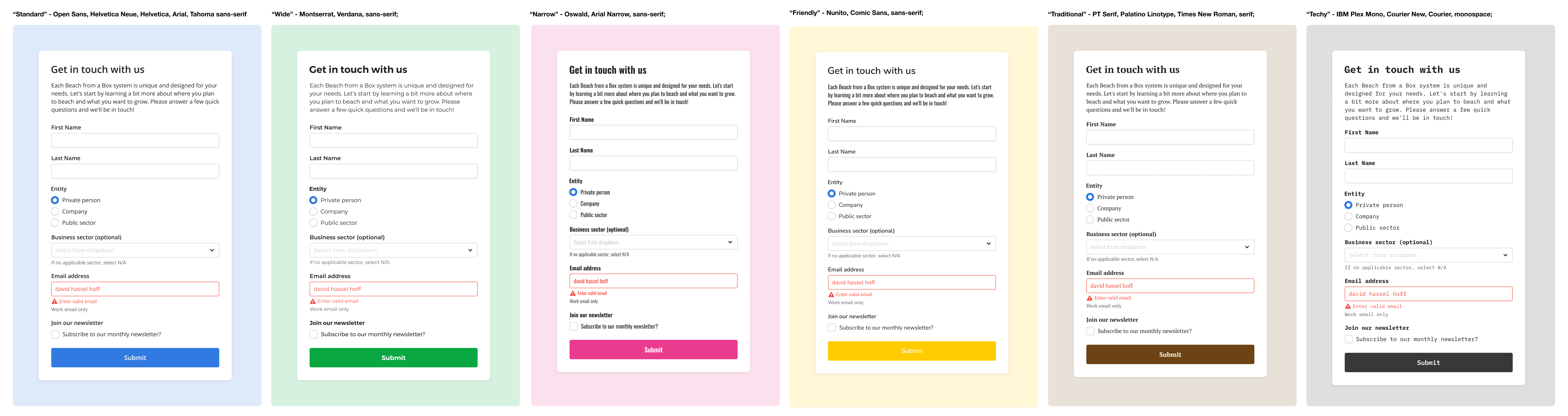 Web forms showing off the various text styles, as well as different colors